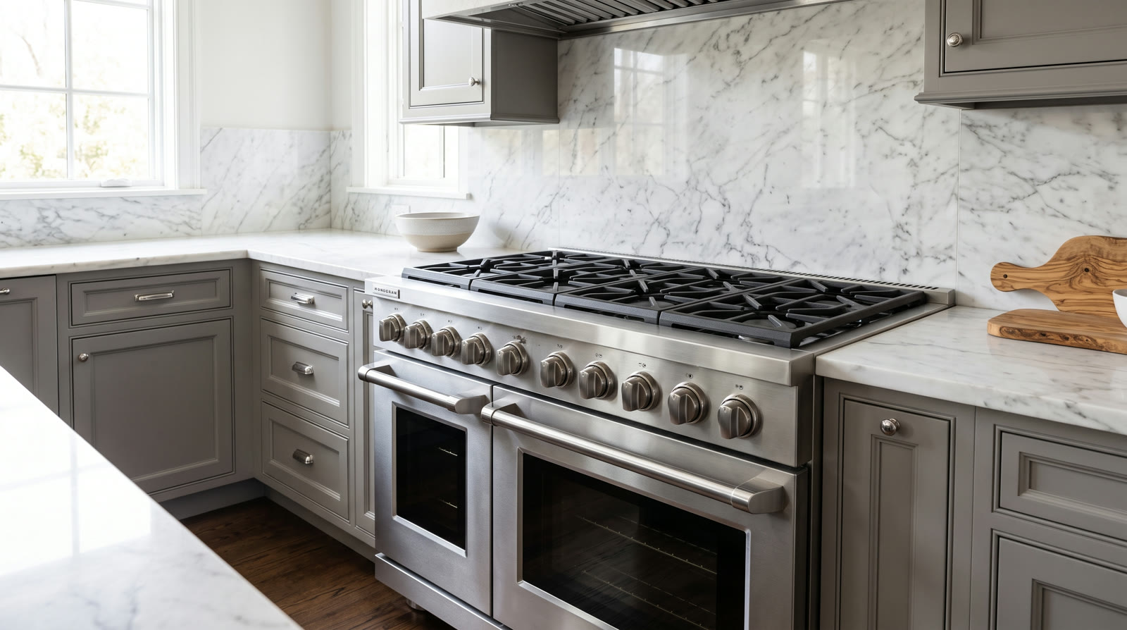 A Monogram dual fuel range and oven
